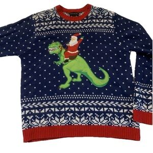 Men's Christmas Sweater Pull Over Santa Rides T-Rex Dinosaur  Fuzzy Knit Size XL